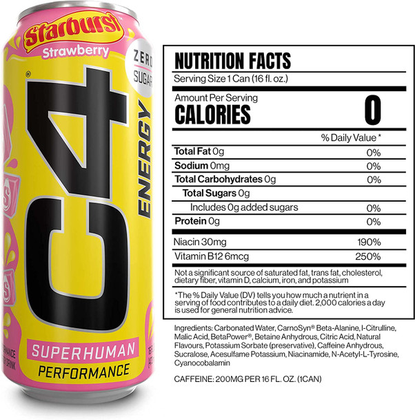 Cellucor C4 Energy Drink, STARBURST Strawberry, Carbonated Sugar Free Pre Workout Performance Drink with no Artificial Colors or Dyes, Pack of 12