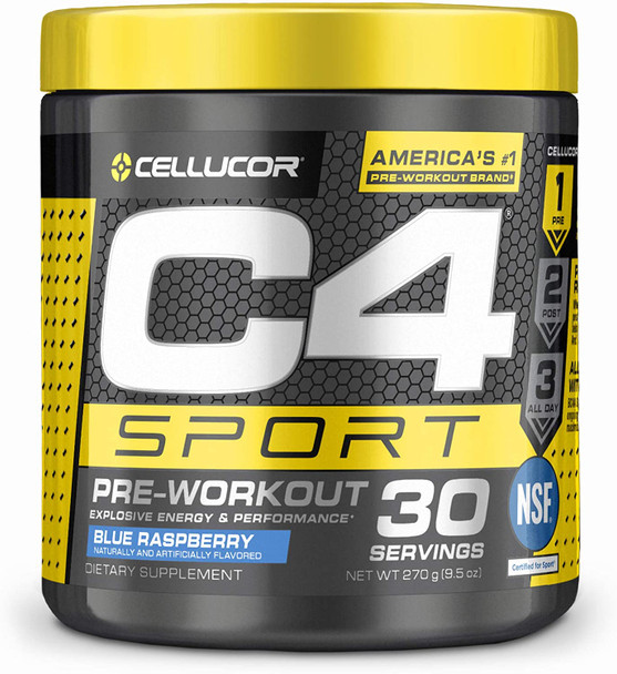 C4 Sport Pre Workout Powder Blue Raspberry - Pre Workout Energy with 3g Creatine Monohydrate + 135mg Caffeine and Beta-Alanine Performance Blend - NSF Certified for Sport | 30 Servings