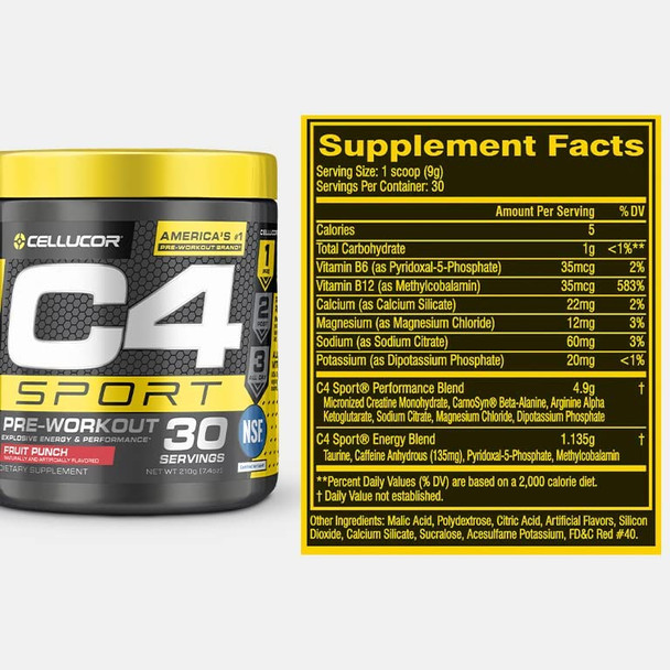 C4 Sport Pre Workout Powder Blue Raspberry - Pre Workout Energy with 3g Creatine Monohydrate + 135mg Caffeine and Beta-Alanine Performance Blend - NSF Certified for Sport | 30 Servings