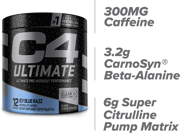 Cellucor C4 Ultimate Pre Workout Powder ICY Blue Razz | Sugar Free Preworkout Energy Supplement for Men & Women | 300mg Caffeine + 3.2g Beta Alanine + 2 Patented Creatines | 12 Servings, 6.7726 Ounce