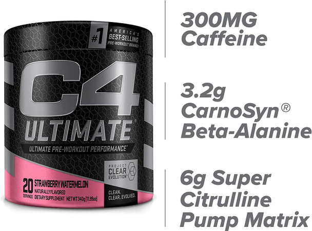 C4 Ultimate Pre Workout Powder Watermelon - Sugar Free Preworkout Energy Supplement for Men & Women - 300mg Caffeine + 3.2g Beta Alanine + 2 Patented Creatines - 20 Servings