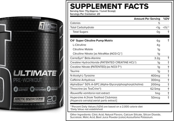 C4 Ultimate Pre Workout Powder Arctic Snow Cone - Sugar Free Preworkout Energy Supplement for Men & Women - 300mg Caffeine + 3.2g Beta Alanine + 2 Patented Creatines - 20 Servings