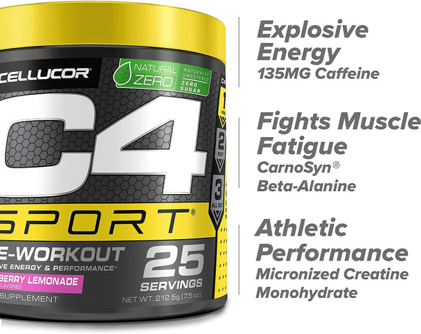 C4 Sport Pre Workout Powder - Pre Workout Energy with 3g Creatine Monohydrate + 135mg Caffeine and Beta-Alanine Performance Blend - NSF Certified for Sport | 25 Servings