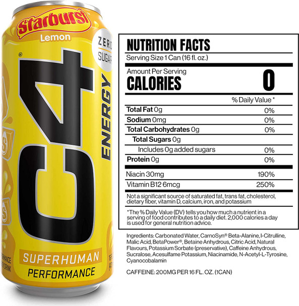 Cellucor C4 Energy Drink, Starburst Lemon, Carbonated Sugar Free Pre Workout Performance with no Artificial Colors or Dyes, 16 Oz, 12 Count