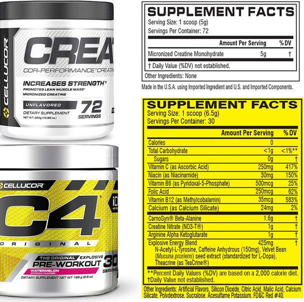 Cellucor Pre Workout & Creatine Bundle, C4 Original Pre Workout Powder, Watermelon, 30 Servings + Cor Performance Creatine Powder, 72 Servings