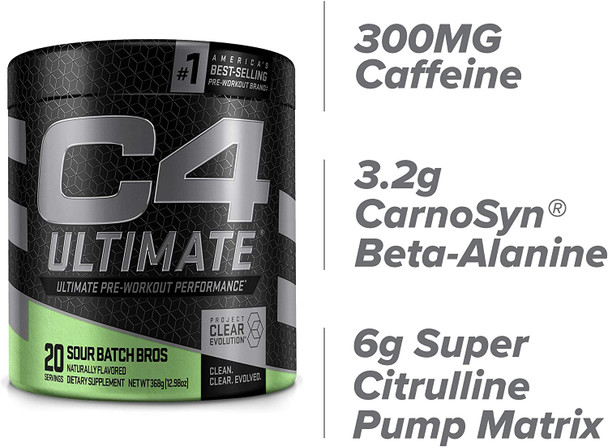 C4 Ultimate Pre Workout Powder Sour Batch Bros - Sugar Free Preworkout Energy Supplement for Men & Women | 300mg Caffeine + 3.2g Beta Alanine + 2 Patented Creatines - 20 Servings
