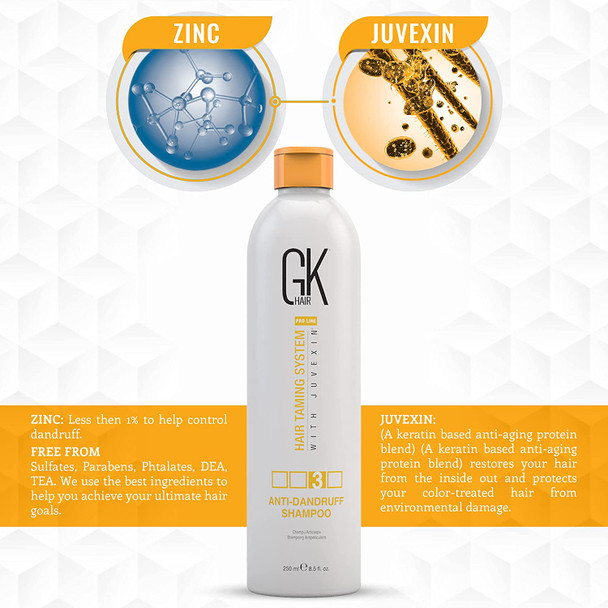 GK HAIR Global Keratin Anti Dandruff Shampoo (8.5 Fl Oz/250ml) - Hair Deep Cleansing and Impurities Remover Anti Residue Sulfate Free Shampoo for Dry Damaged Hair for Men and Women