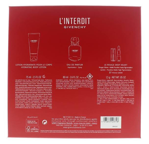 Givenchy L'interdit 3-Pieces Set for Women (2.6 Oz Eau De Parfume Spray + 2.5 Oz Hydrating Body Lotion + 0.5 Oz Lipstick)