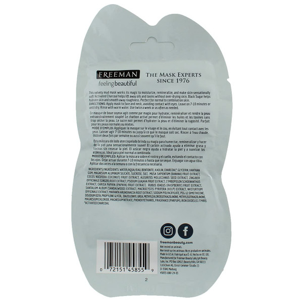 Freeman Feeling Beautiful Face Mask, Charcoal & Black Sugar Mud (Pack of 2)