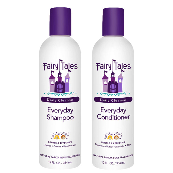 Fairy Tales Daily Cleanse Everyday Kids Shampoo + Conditioner set - Gentle Natural Defining Shampoo and Conditioner, Tangle Free, Moisturizing and Hydrating Formula, Paraben Free - 12 oz Shampoo and 12 oz Conditioner