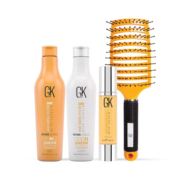 Global Keratin GK HAIR Shield Shampoo and Conditioner Duo (240ml/ 8.11 fl. oz) | Organic Argan Oil Hair Serum 50ml For Frizz Control Dry Damage Hair Repair I Vent Brush (2.5 Inch) Rubber Handle