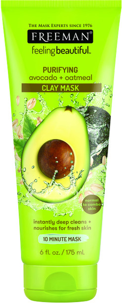 Freeman Purifying Clay Facial Mask, Oil Absorbing and Hydrating Beauty Face Mask with Avocado and Oatmeal, 6 oz