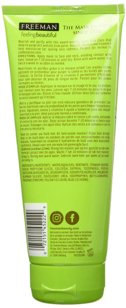 Freeman Purifying Clay Facial Mask, Oil Absorbing and Hydrating Beauty Face Mask with Avocado and Oatmeal, 6 oz