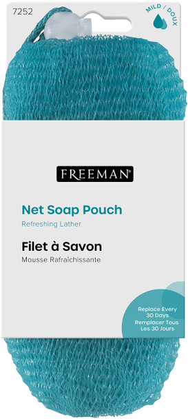 Freeman Net Soap Pouch, Exfoliating Mesh Body Scrubber, Bath & Shower Pouf Removes Dead Skin, Dirt, & Impurities, for Soap Bars, Mild Exfoliation, Self-Tan Prep, 1 Count