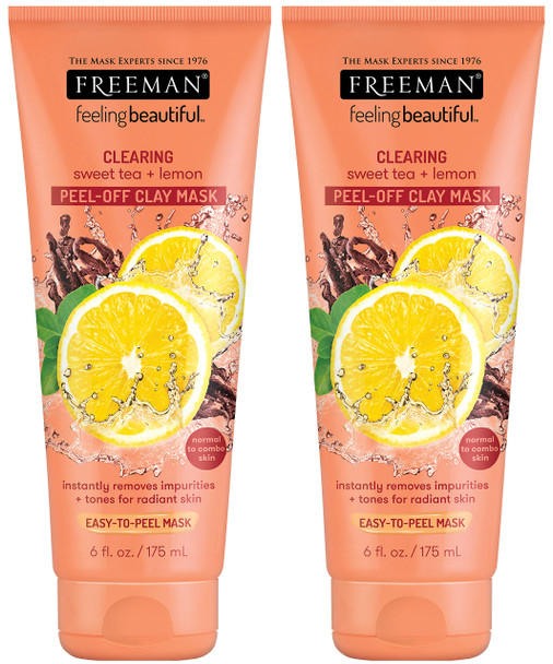 Freeman Clearing Peel Off Clay Facial Mask, Cleansing and Oil Absorbing Beauty Face Mask with Sweet Tea and Lemon, 6 oz, 2 Pack