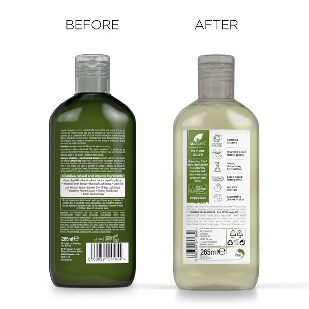 Dr Organic, Organic Hemp Oil 2 in 1 Shampoo & Conditioner , Natural , Vegan , Cruelty Free , Paraben & SLS Free , Eco Friendly Recyclable Packaging, For Women & Men, Palm Oil Free, 265ml