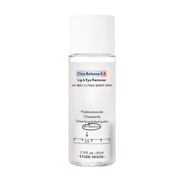 ETUDE HOUSE Cica Balance 5.5 Lip & Eye Remover 80ml | Low pH-mild Makeup Remover that Gently Removes Impurities even on Sensitive Skin Around Eyes | Key ingredients: Madecassoside & Chamomile