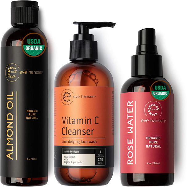 Eve Hansen Natural Triple-Cleanse Set | Huge Organic Almond Oil (8 oz) to Remove Makeup | Vitamin C Cleanser for a Deep Clean (8 oz) | Organic Rose Water Toner (4 oz) to Remove Excess Impurities