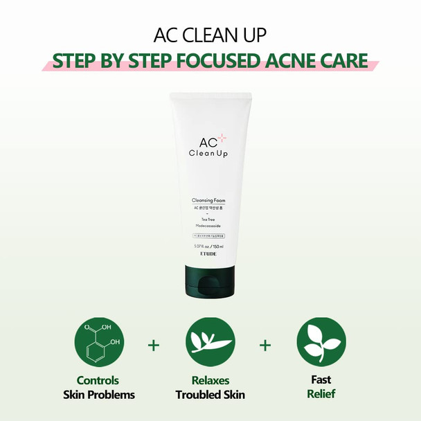 ETUDE AC Clean Up Daily Cleansing Foam 5.1 fl.oz (150 ml) | PH Balancing Amino Acid Base Gentle Foaming Cleanser with Acne Pron Skin Treatment Effect | Korean Skin Care Face Cleanser Wash | Kbeauty