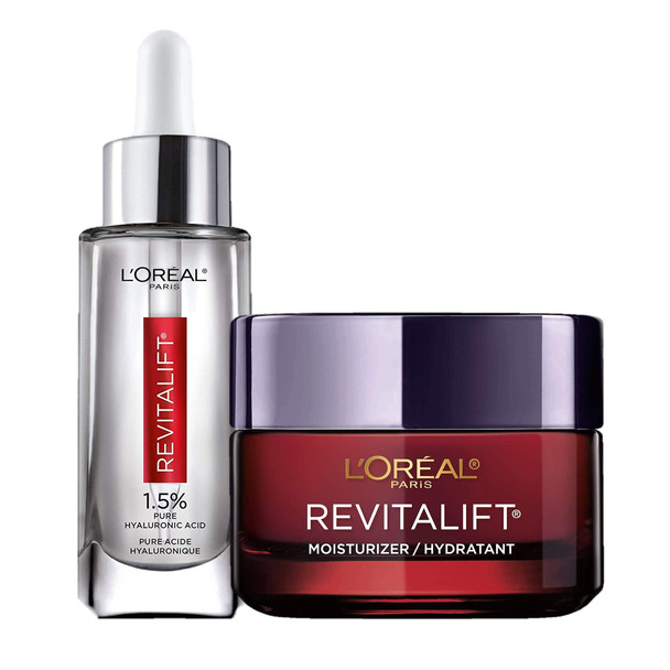 L'Oreal Paris Revitalift Anti-Aging Skin Care Regimen Kit with Hyaluronic Acid Facial Serum and Triple Power Face Moisturizer, Paraben and Fragrance Free, 2 count