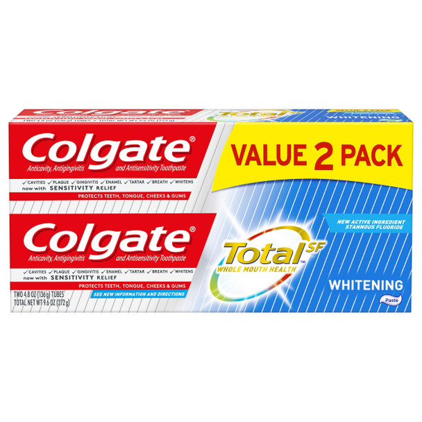 Colgate Total Whitening Toothpaste with Fluoride, Multi Benefit Toothpaste with Sensitivity Relief and Cavity Protection - 4.8 ounce (2 Pack)