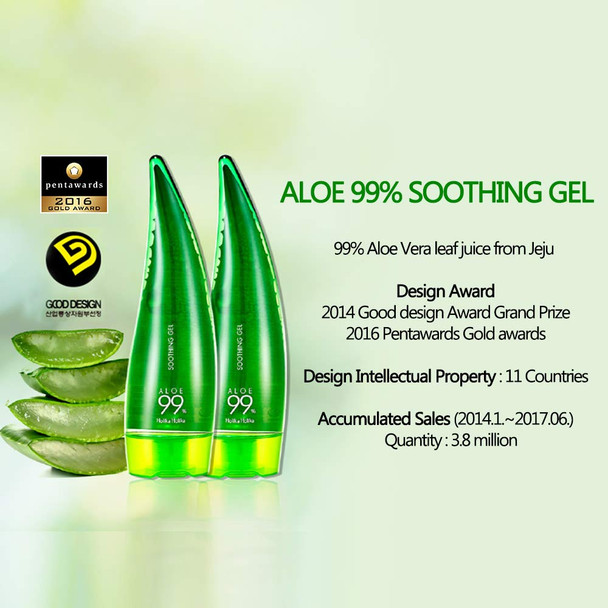 Holika Holika Aloe 99% Soothing Gel, 8.5 Ounce, 250ml - No Sticky 99% Aloe Vera Sunburn Relief - Moisturizing, Fast Absorbing for Face, Skin, Body&Hair