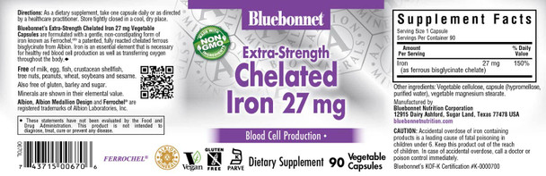 Bluebonnet Nutrition Albion Extra-Strength Chelated Iron 27 mg 90 Vegetable Capsules