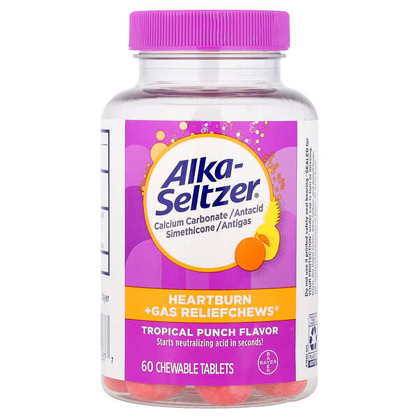 Alka-Seltzer, Heartburn + Gas Reliefchews, Tropical Punch, 60 Chewable Tablets