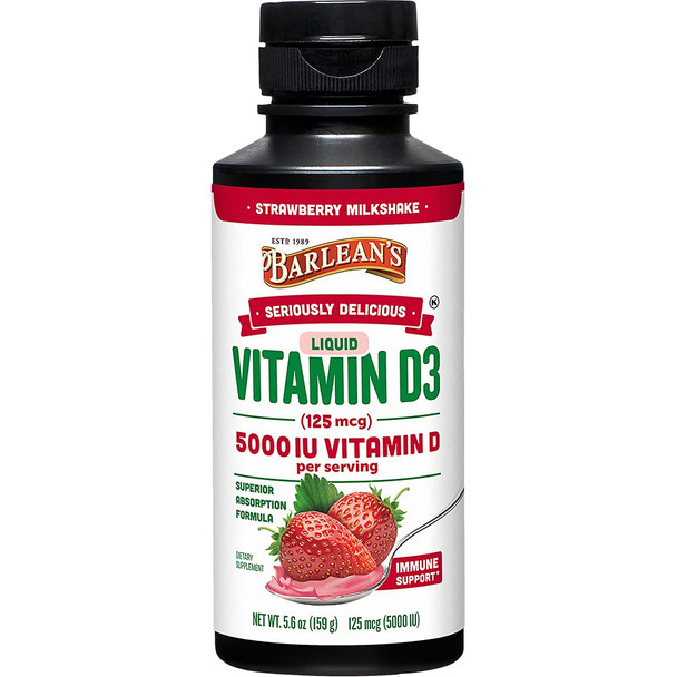 Barlean's Seriously Delicious Vitamin D3 Strawberry Milkshake –125 mcg (5000 IU) - 5.6 oz