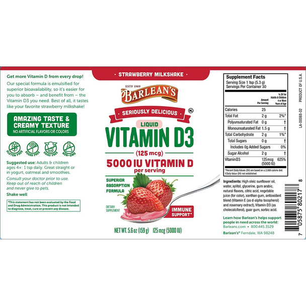 Barlean's Seriously Delicious Vitamin D3 Strawberry Milkshake 125 mcg (5000 IU)  5.6 oz
