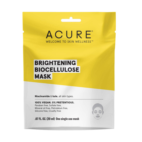 Acure Brightening Biocellulose Gel Mask | 100% Vegan | For A Brighter Appearance | Niacinamide & Kale - Vitamin B3 |One Single Use | All Skin Types |1 Count
