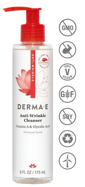 DERMA E Anti-Wrinkle Cleanser  Anti-Aging Face Wash with Glycolic Acid and Vitamin A  Gentle Cleansing and Exfoliating Facial Wash Removes Makeup, Oil and Impurities, 6 oz