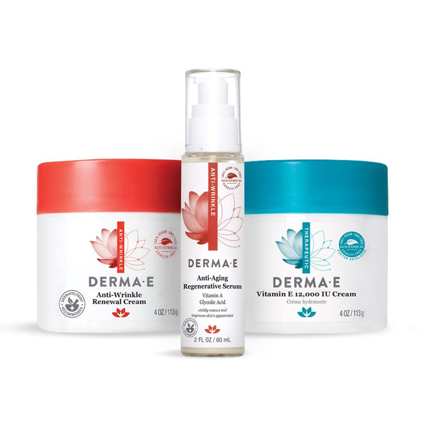 DERMA-E Vitamin E 12,000 IU Cream 4 oz + Anti-Wrinkle Renewal Skin Cream, 4 Oz + Anti-Aging Regenerative Serum 2 fl oz