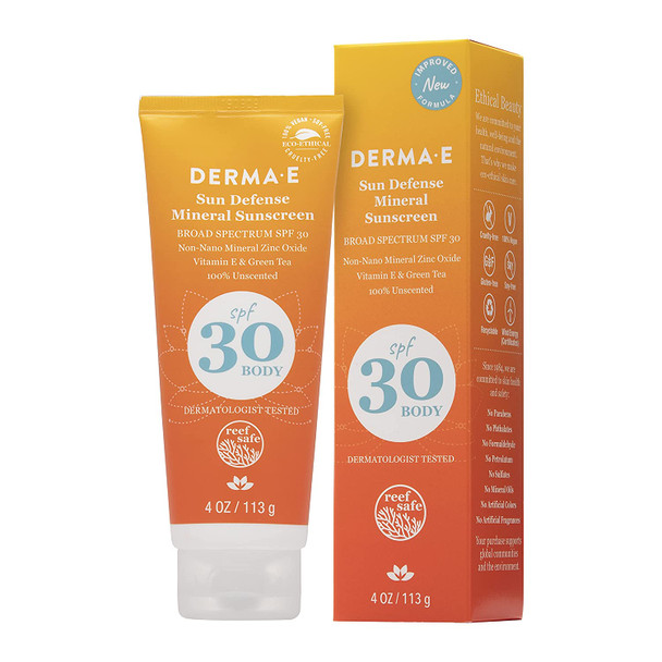 DERMA E Sun Defense Mineral Sunscreen SPF 30 Body  Broad Spectrum Sun Cream  Fragrance Free Zinc Oxide and Titanium Dioxide Aging Reducing Protection, 4 Oz
