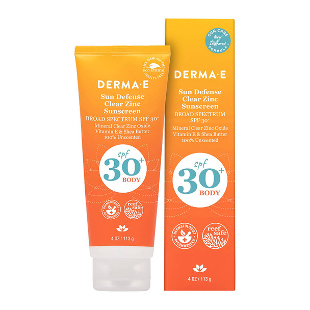 DERMA E Sun Defense Mineral Sunscreen SPF 30 Body  Broad Spectrum Sun Cream  Fragrance Free Zinc Oxide and Titanium Dioxide Aging Reducing Protection, 4 Oz