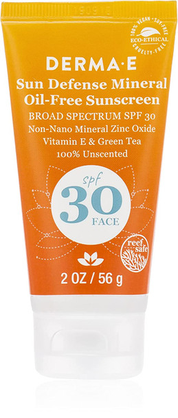 DERMA E Sun Defense Mineral Oil-Free Sunscreen SPF 30 Face  Broad Spectrum Facial Sun Cream  Hypoallergenic, Fragrance Free Clear Zinc Oxide Protection, 2 Oz