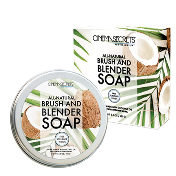 CINEMA SECRETS All Natural Vegan Brush & Blender Sponge Soap, coconut oil based, scrubber included.