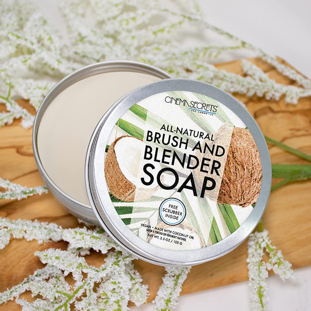 CINEMA SECRETS All Natural Vegan Brush & Blender Sponge Soap, coconut oil based, scrubber included.