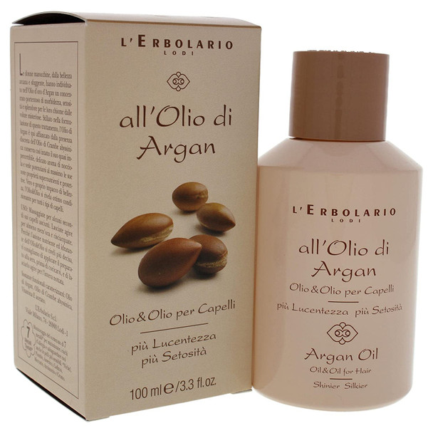 L'Erbolario Argan Oil For Hair - Super-Nourishing, Protective And Shining Treatment - For Softness, Silkiness And Splendor - Delicate Scent Of Hazelnut - For All Hair Types - 3.3 Oz Hair Oil