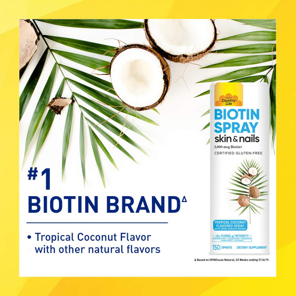 Country Life Biotin Spray 2mg/2,000mcg - Tropical Coconut Flavor - May Help Support Healthy Hair, Skin, and Nails - B Vitamins - Keratin - Easy Absorption