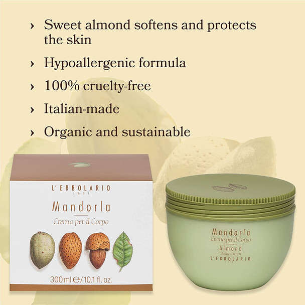 L'Erbolario - Almond Body Cream - Generous Cream to Protect Skin - Perfect for Sensitive Skin - Moisturizing, Nourishing and Toning Properties - Amber Fragrance, 10.1 oz