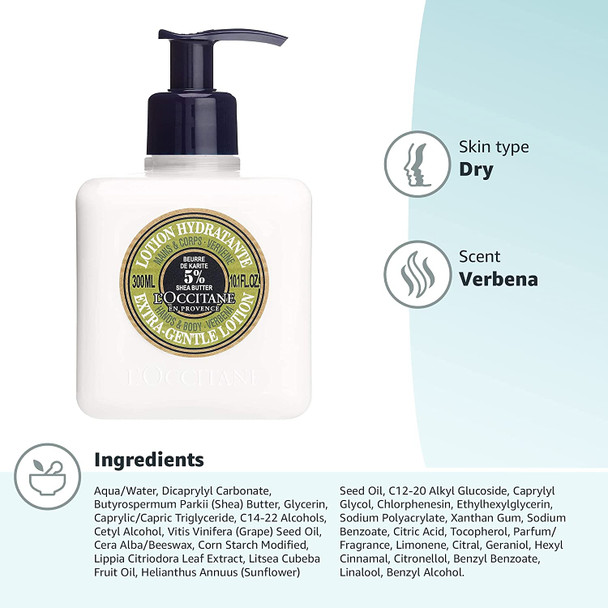 L'Occitane Shea Butter Hands & Body Verbena Extra-Gentle Moisturizing Lotion, 10.1 Fl Oz