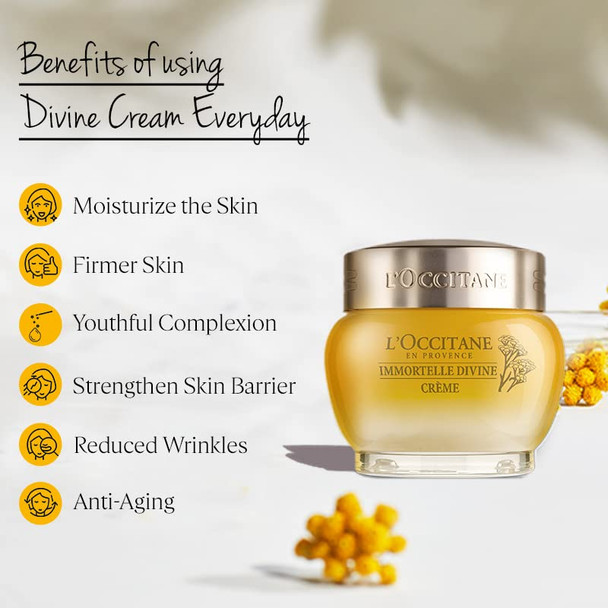 L'Occitane Anti-Aging Immortelle Divine Face Cream Moisturizer for a Youthful and Radiant Glow, 1.7 oz.