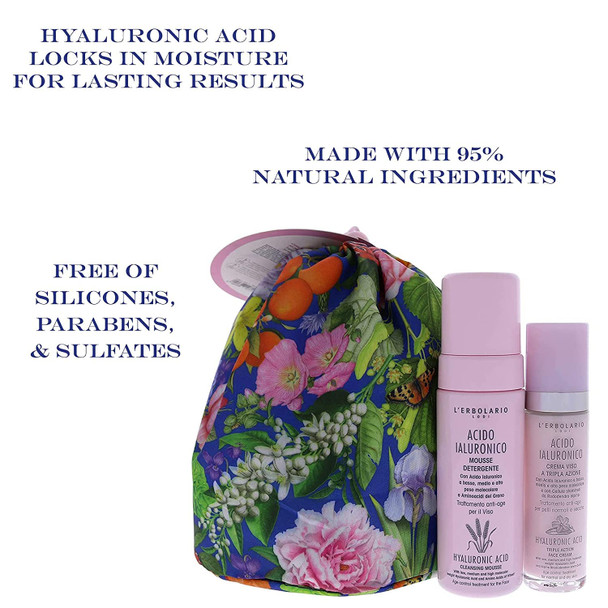 L'Erbolario Hyaluronic Acid Beauty Bag - Elegant Bucket Bag With Hyaluronic Acid Face Cream And Cleansing Mousse - Perfect For Hydrating And Treating The Skin - Cruelty-Free - 2 Pc