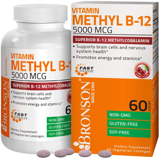 Bronson Methyl B12 5000 mcg Vitamin B12 Methylcobalamin Energy & Brain Support 60 Lozenges