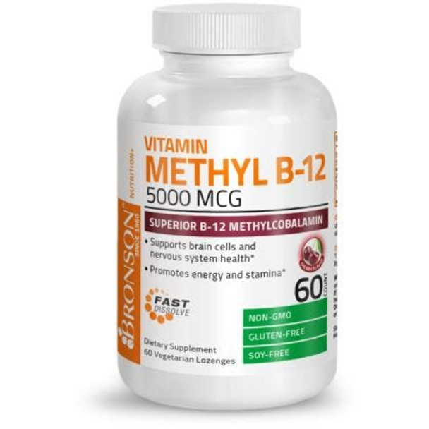 Bronson Methyl B12 5000 mcg Vitamin B12 Methylcobalamin Energy & Brain Support 60 Lozenges