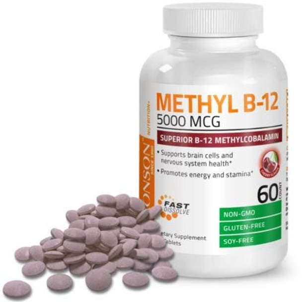 Bronson Methyl B12 5000 mcg Vitamin B12 Methylcobalamin Energy & Brain Support 60 Lozenges