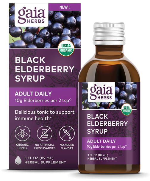 Gaia Herbs, Black Elderberry Syrup, Adult Daily Immune Support with Antioxidants, Organic Sambucus Elderberry Supplement, 3-Ounce