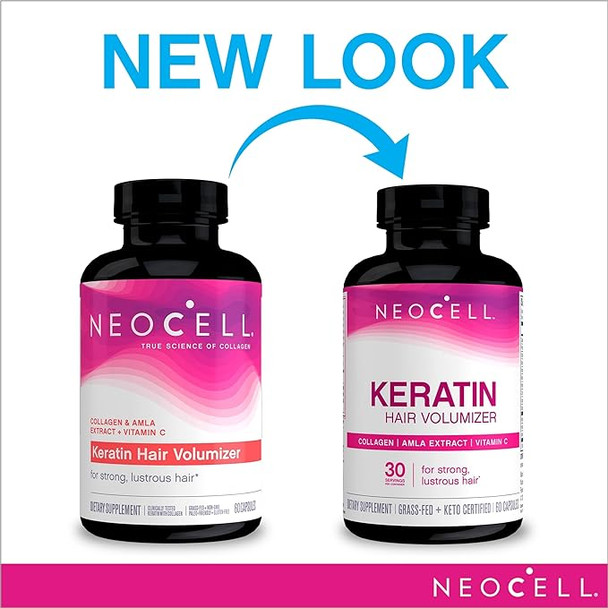 NeoCell Keratin Hair Volumizer, Enhance Hair Strength, Grass-Fed Collagen, Gluten Free, 60 Capsules (Package May Vary)