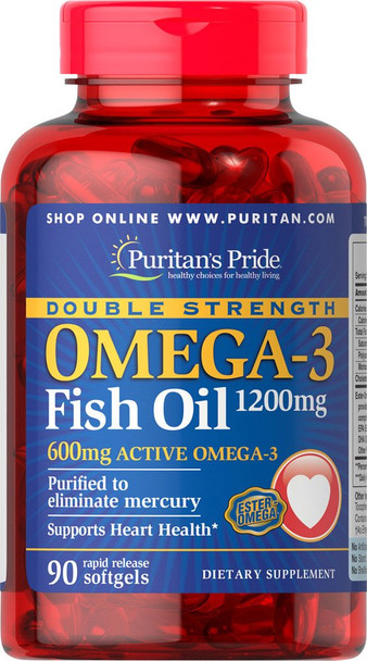 Double Strength Omega-3 Fish Oil 1200 mg/600 mg Omega-3, Supports Heart and Joint Health, 90 Count by Puritan's Pride®